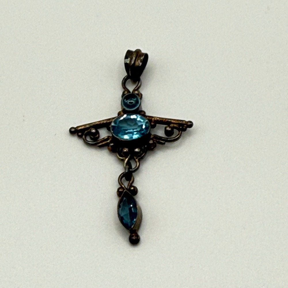 Vintage 925 Sterling Silver Blue Topaz Gothic Cross Filigree Pendant 1.75in
